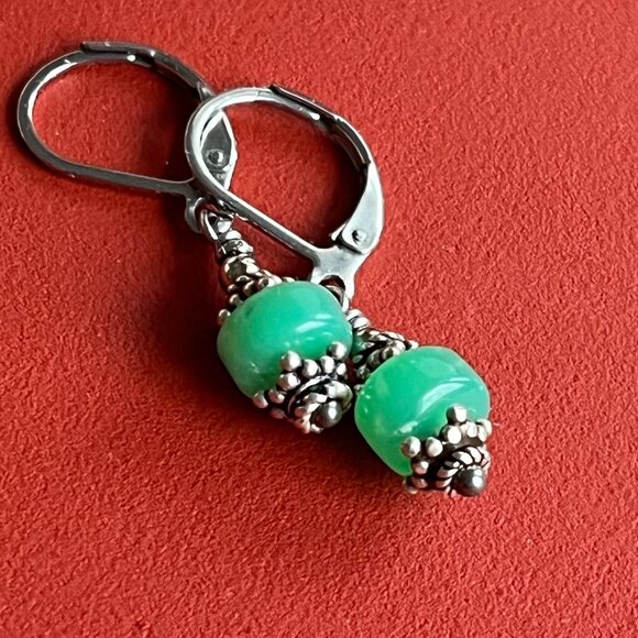 Green Jade Small Earrings, Silver, Boho Gemstone Earrings - Picture 1 of 5